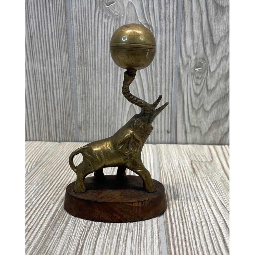Brass Circus Elephant w/ Ball Sculpture on Wood Base 4.5" Animal Figure VTG MCM
